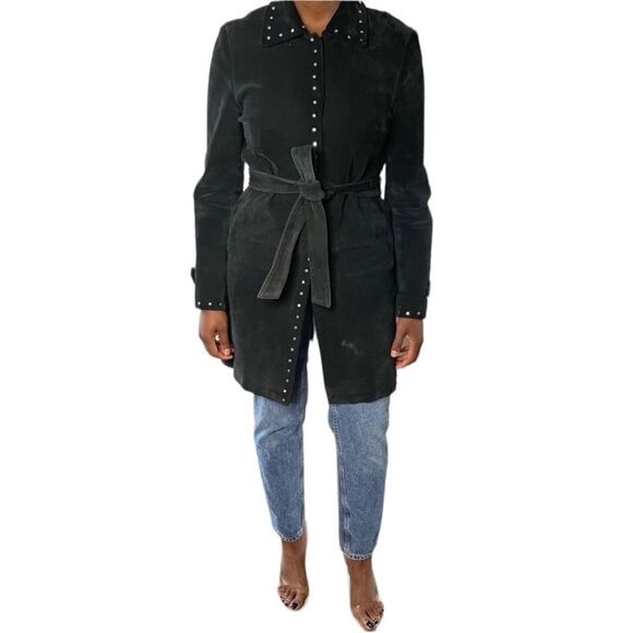 Express Vintage Suede Leather Studded Belted Trench Coat Jacket - Picture 1 of 10